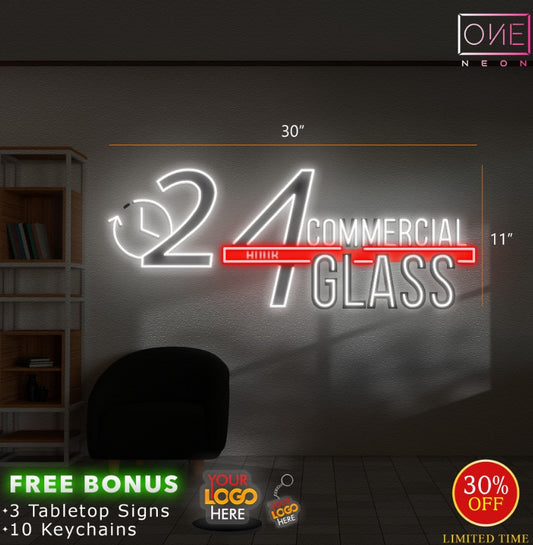 24 Hour Commercial Glass | LED Neon Sign