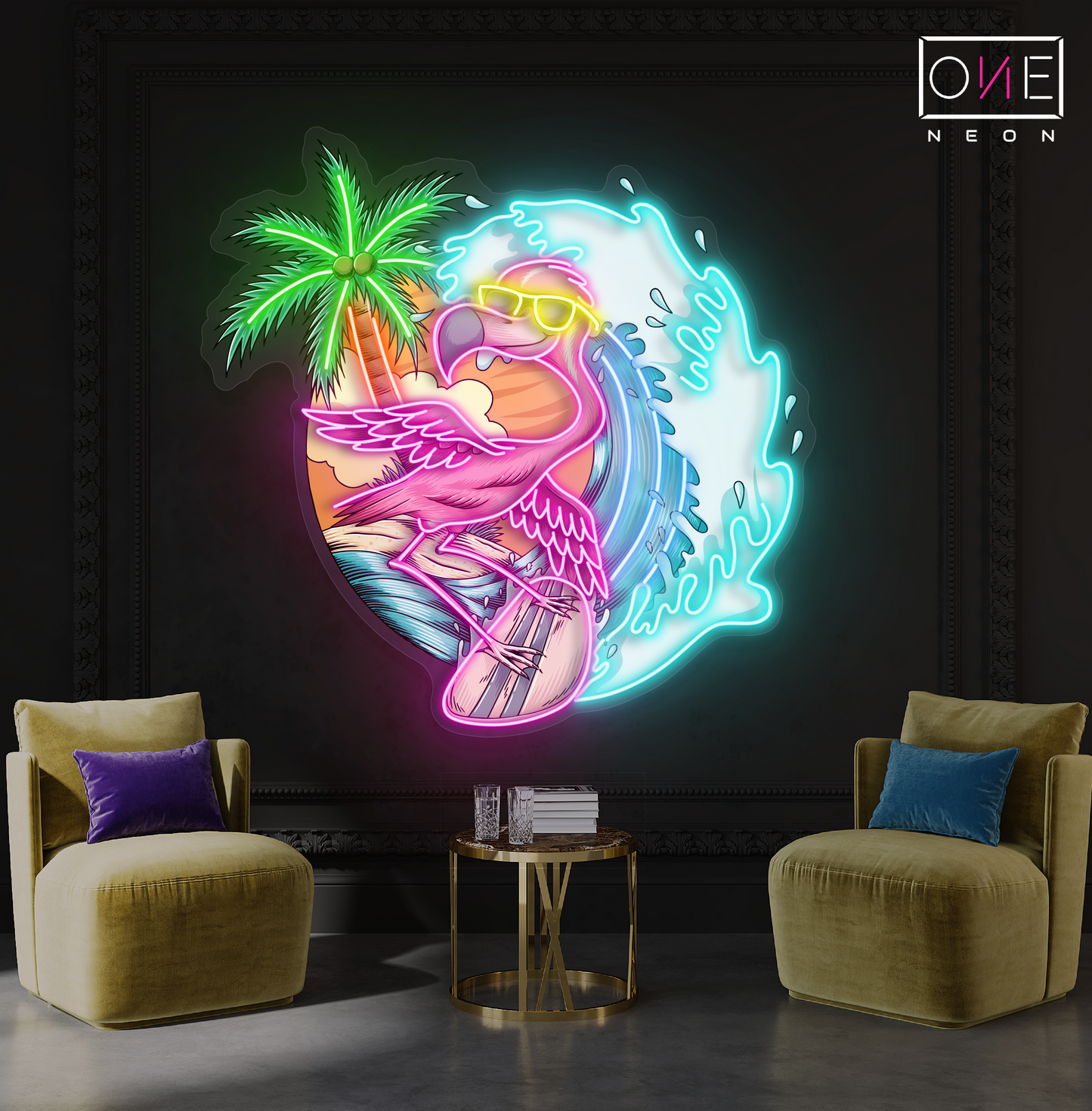 Enseigne néon LED flamant rose surfeur