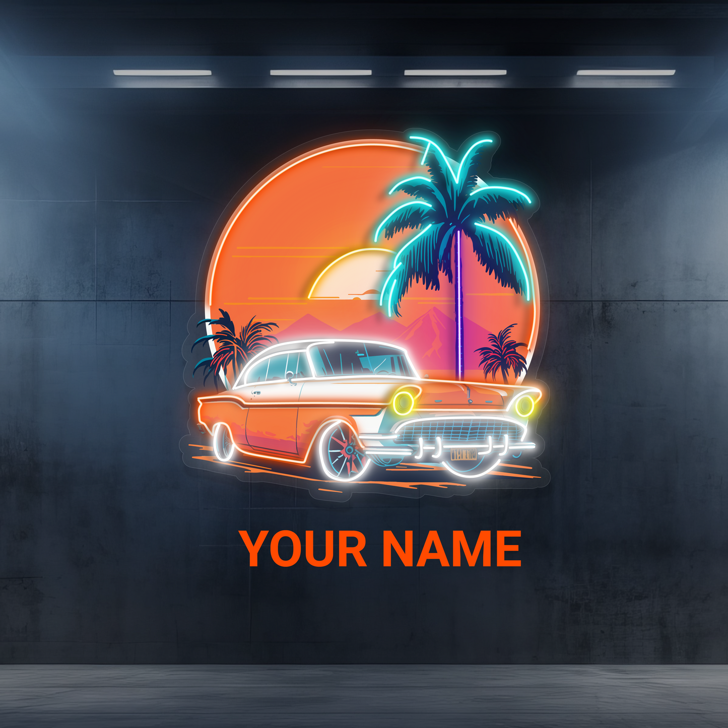 Enseigne néon LED œuvre d'art voiture coucher de soleil