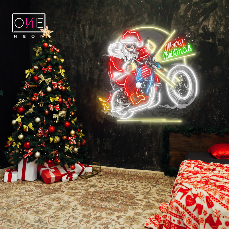 Enseigne néon LED Père Noël Motard Décoration de Noël