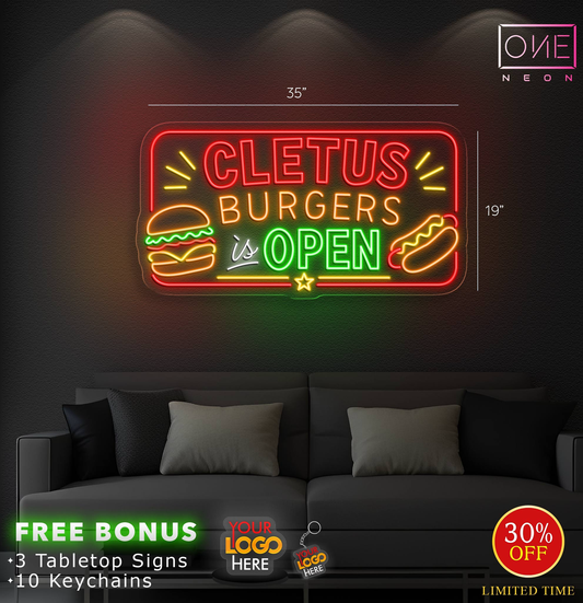 CLETUS BURGERS IS OPEN | LED Neon Sign (Outdoors)