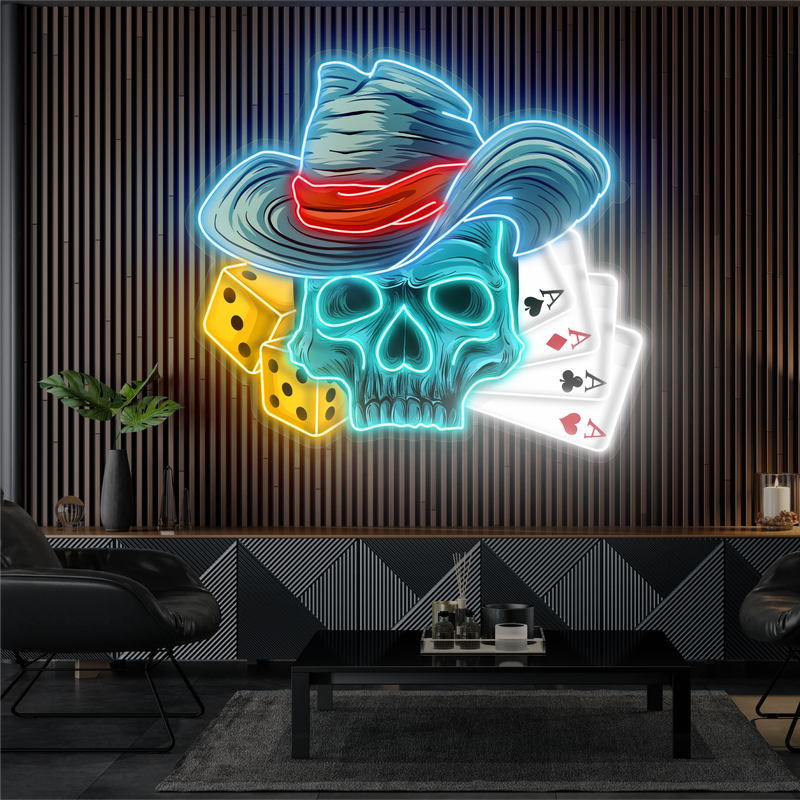 Enseigne néon LED œuvre d'art Crâne de la Chance