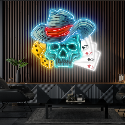 Enseigne néon LED œuvre d'art Crâne de la Chance