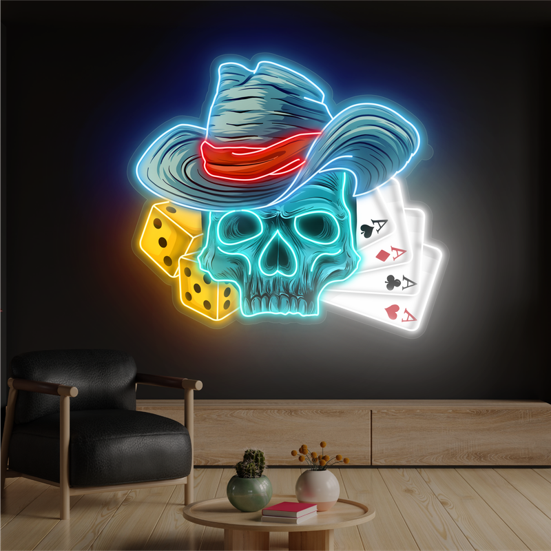 Enseigne néon LED œuvre d'art Crâne de la Chance