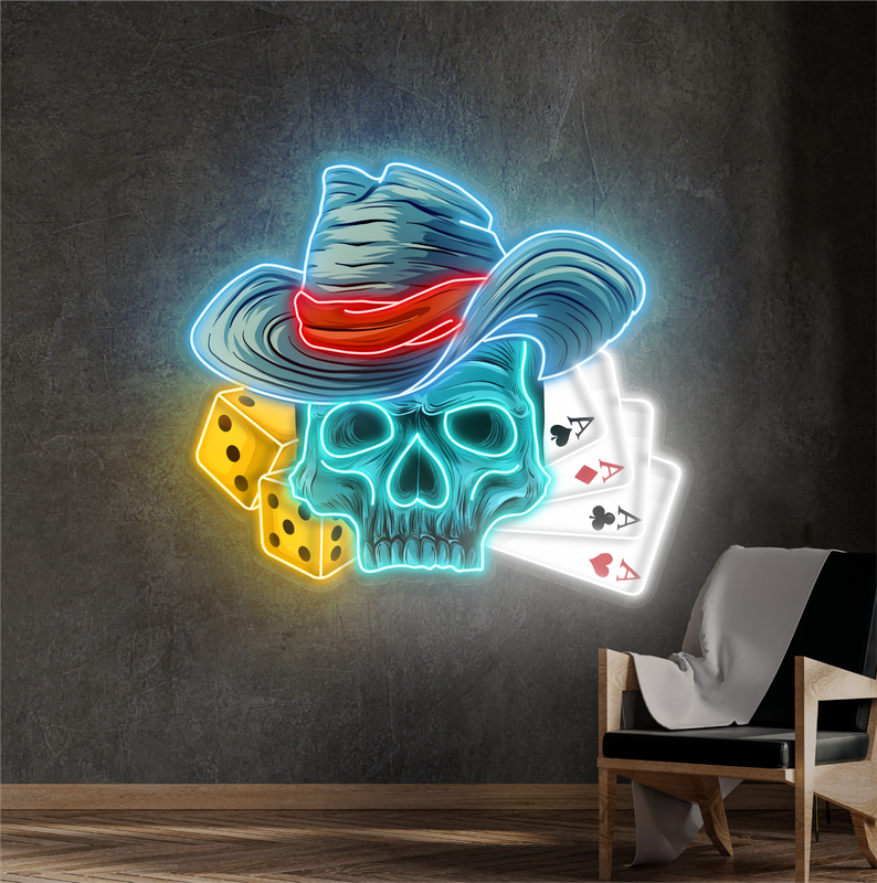 Enseigne néon LED œuvre d'art Crâne de la Chance