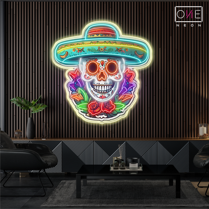 Enseigne néon LED Tête de mort Calavera florale