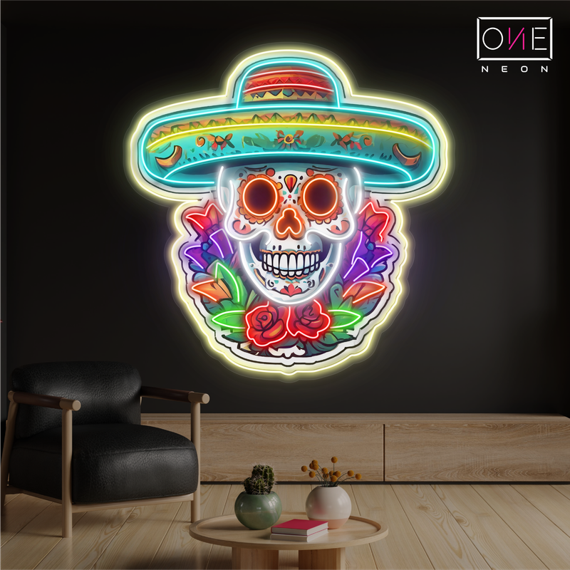 Enseigne néon LED Tête de mort Calavera florale