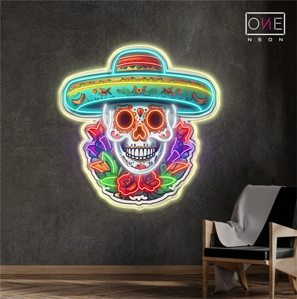 Enseigne néon LED Tête de mort Calavera florale