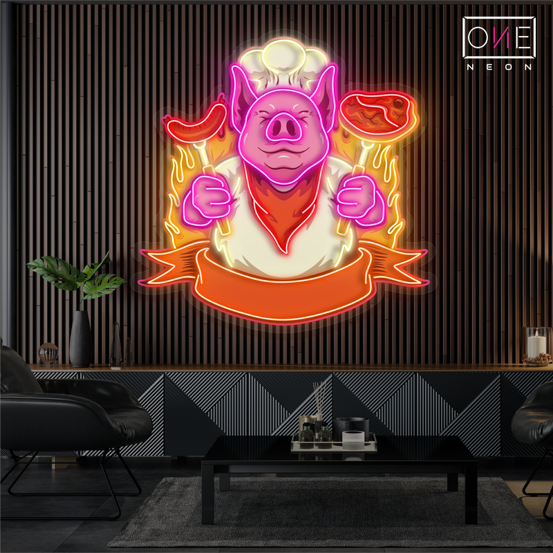 Enseigne néon LED Chef Pig BBQ