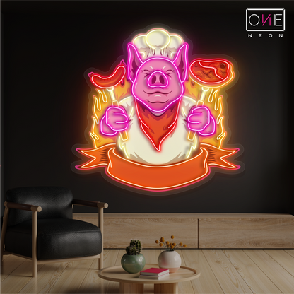 Enseigne néon LED Chef Pig BBQ