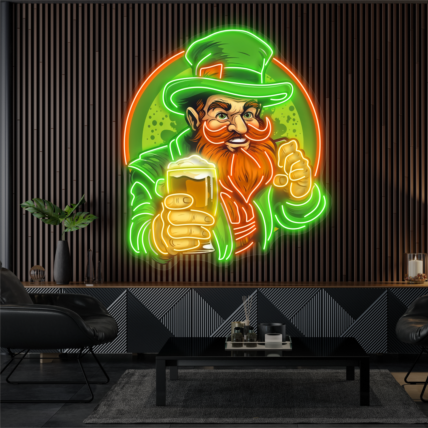 Enseigne néon LED "Cheers" avec illustration de leprechaun