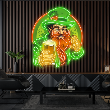 Enseigne néon LED "Cheers" avec illustration de leprechaun