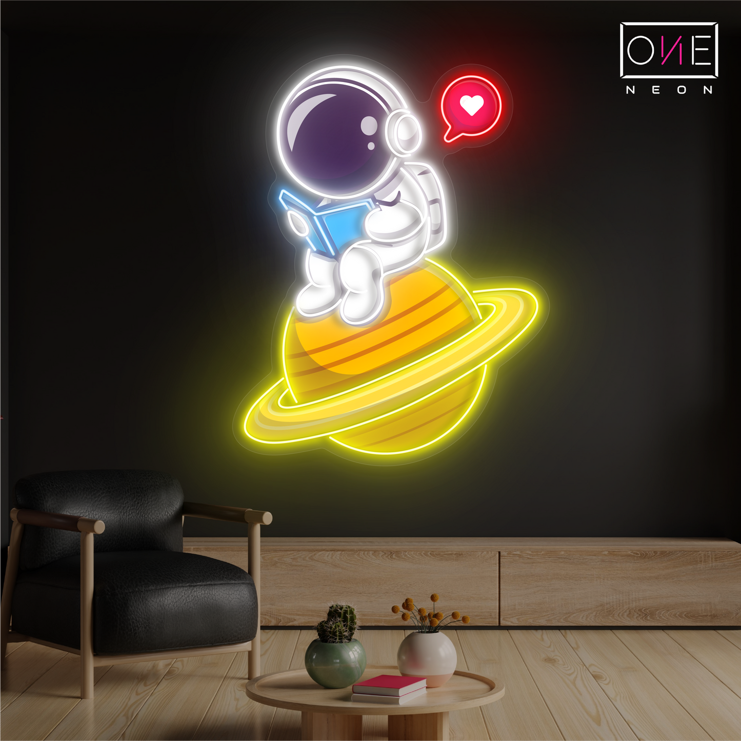 Enseigne néon LED artistique astronaute mignon en train de lire