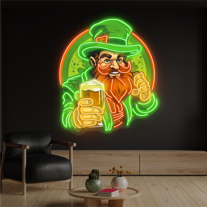 Enseigne néon LED "Cheers" avec illustration de leprechaun