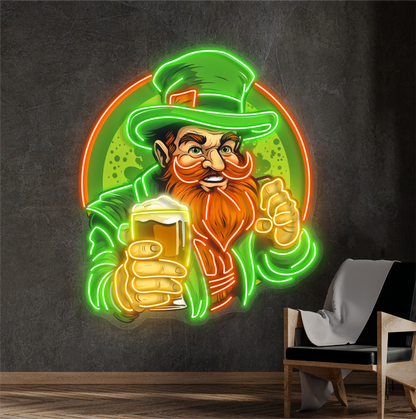 Enseigne néon LED "Cheers" avec illustration de leprechaun