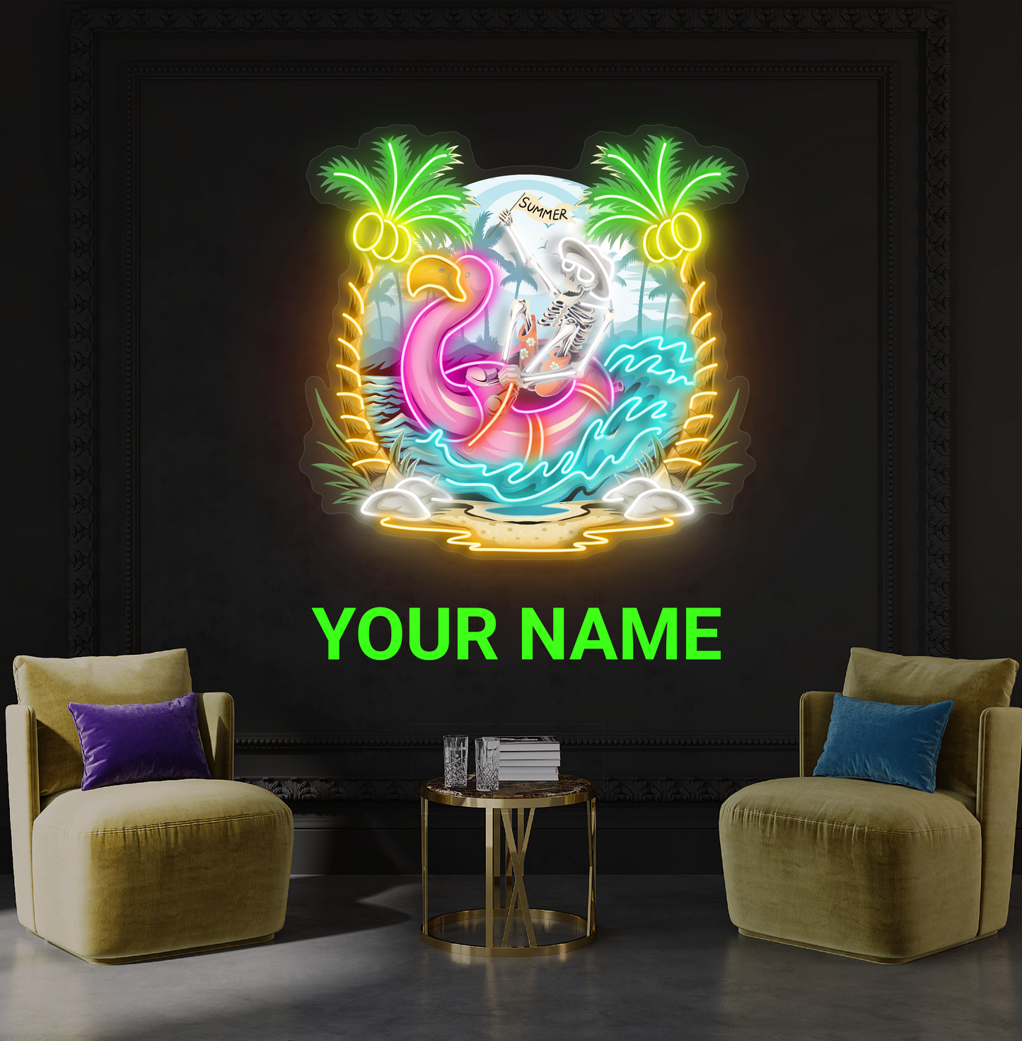 Enseigne néon LED œuvre d'art squelette d'été