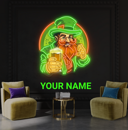 Enseigne néon LED "Cheers" avec illustration de leprechaun