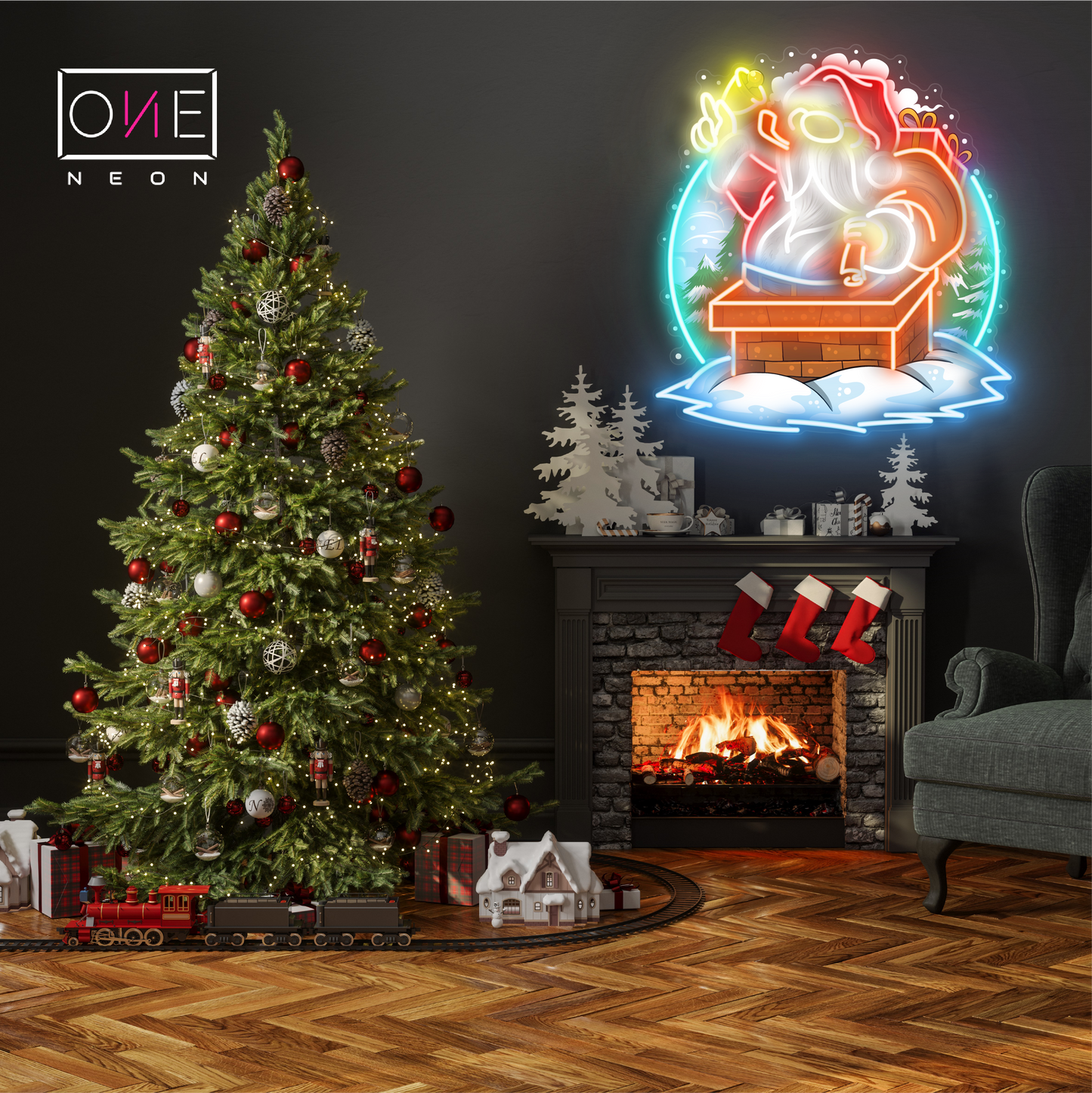 Enseigne Néon LED Cheminée Père Noël