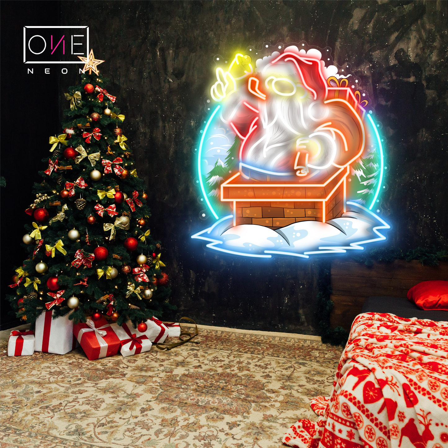 Enseigne Néon LED Cheminée Père Noël