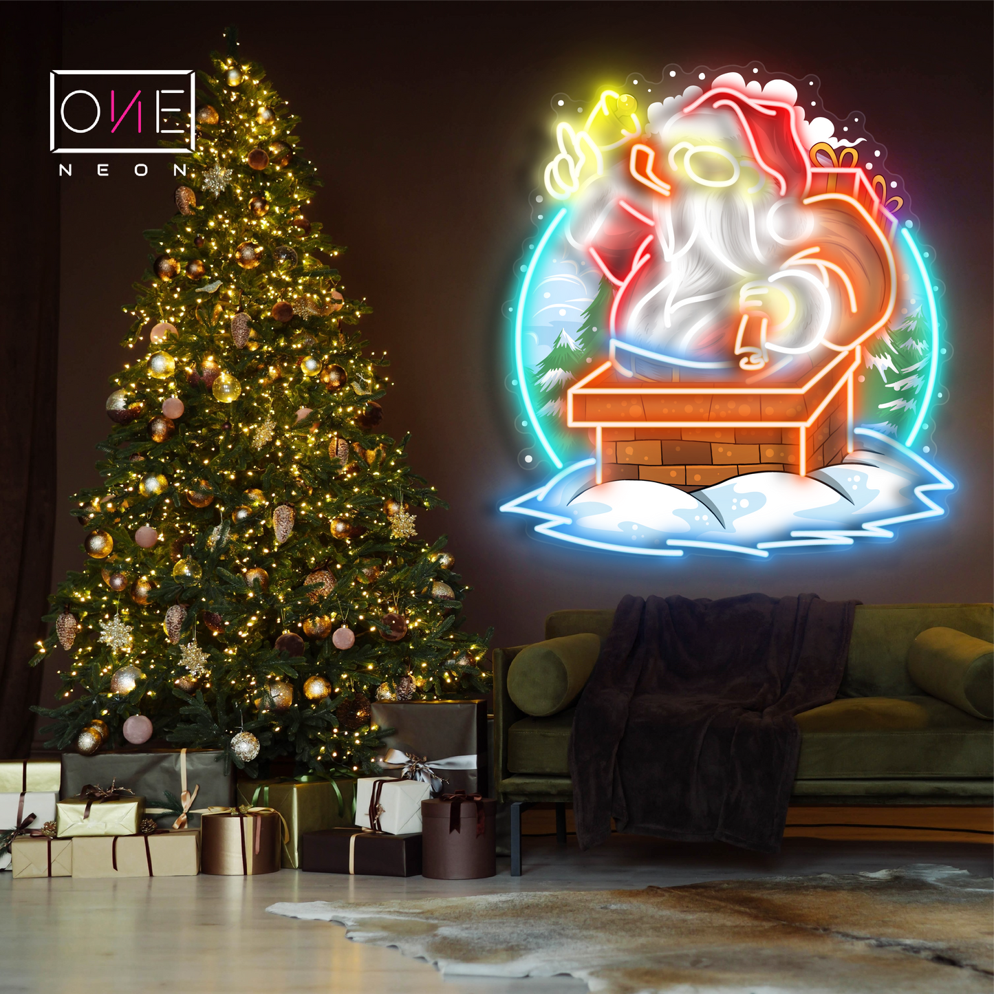 Enseigne Néon LED Cheminée Père Noël
