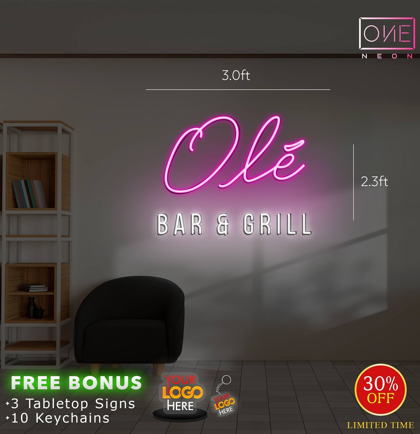 OLE BAR & GRILL + 50 KEYCHAINS | LED Neon Sign