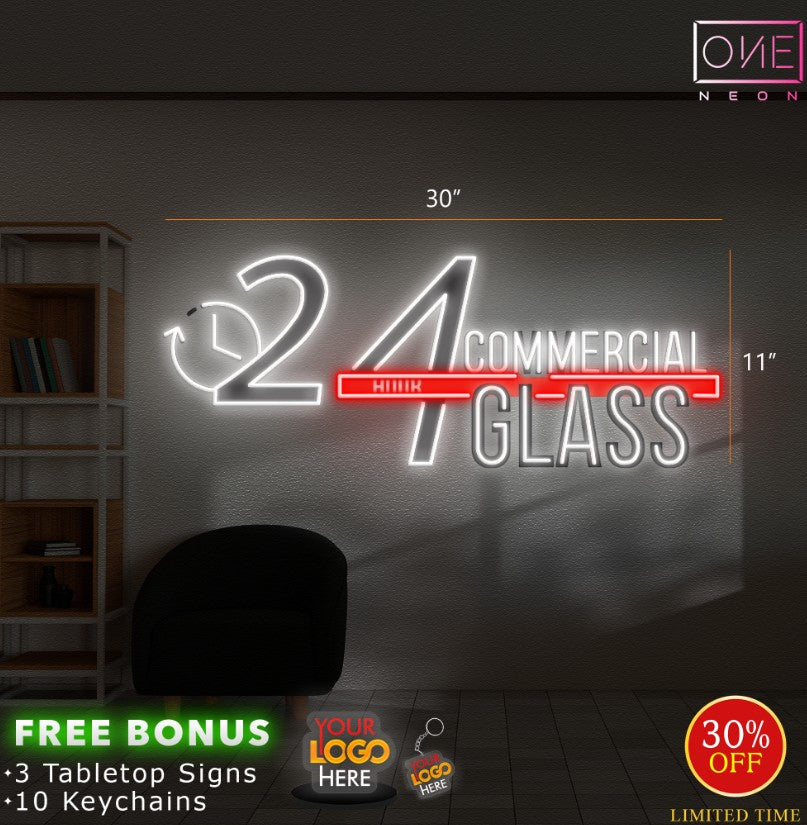 24 Hour Commercial Glass | LED Neon Sign