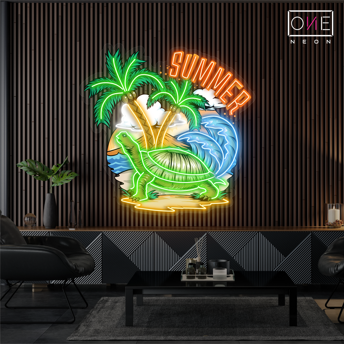 Enseigne néon LED œuvre d'art tortue tropicale d'été