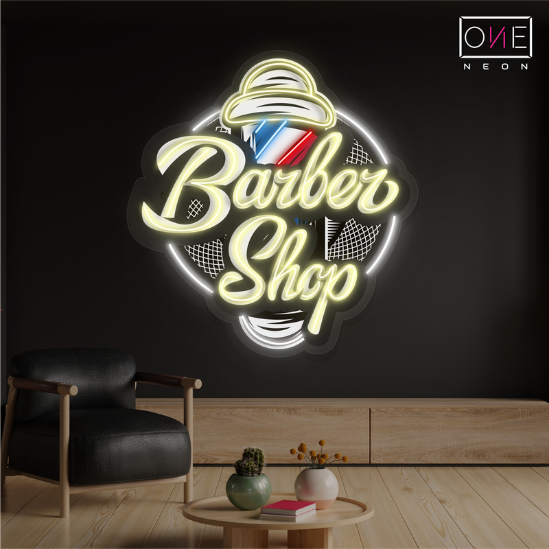 Enseigne néon LED Barber Shop avec illustrations classiques