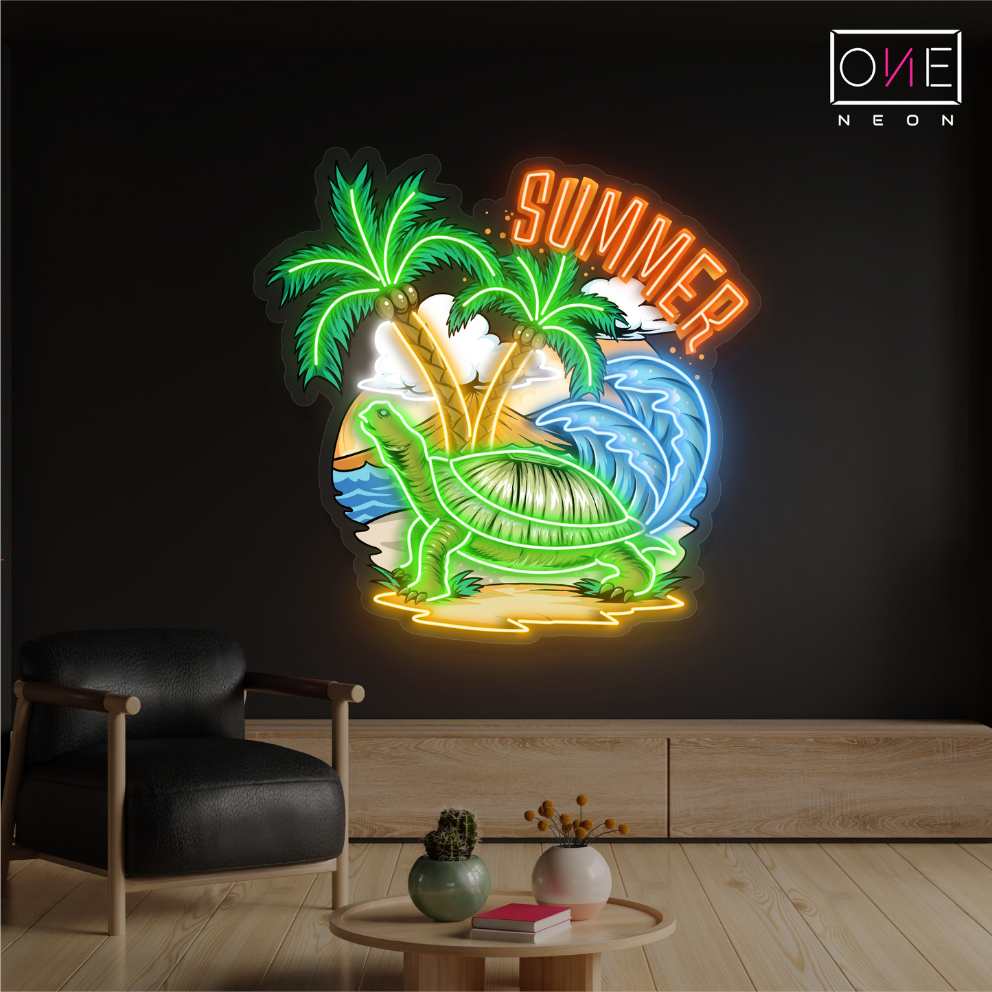 Enseigne néon LED œuvre d'art tortue tropicale d'été