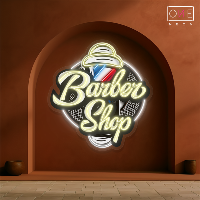 Enseigne néon LED Barber Shop avec illustrations classiques