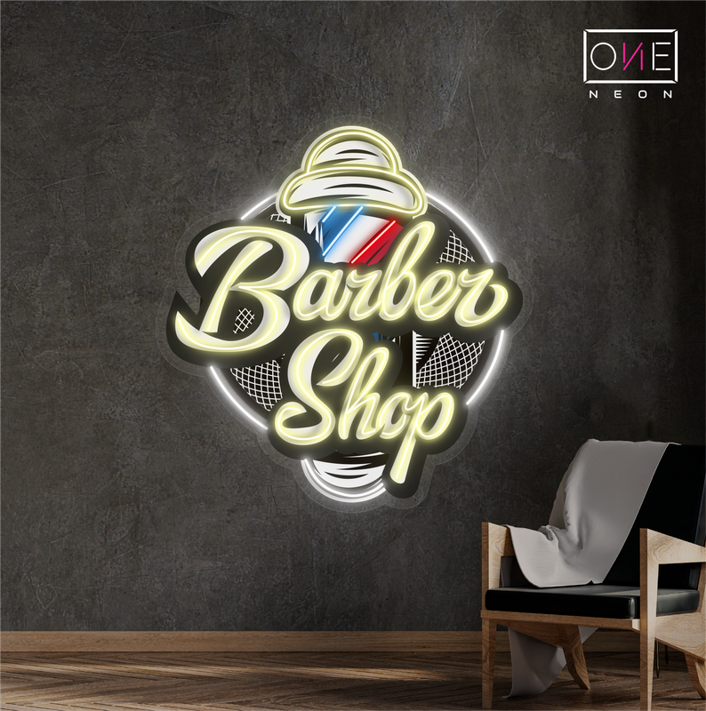 Enseigne néon LED Barber Shop avec illustrations classiques