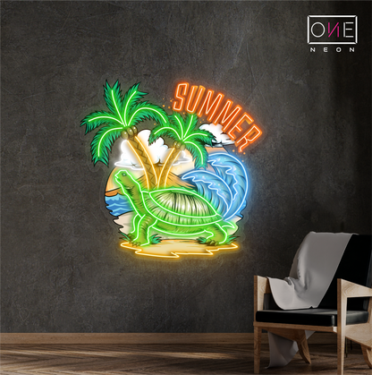 Enseigne néon LED œuvre d'art tortue tropicale d'été