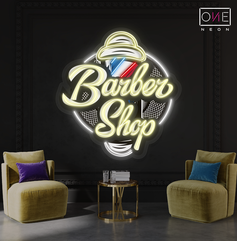 Enseigne néon LED Barber Shop avec illustrations classiques