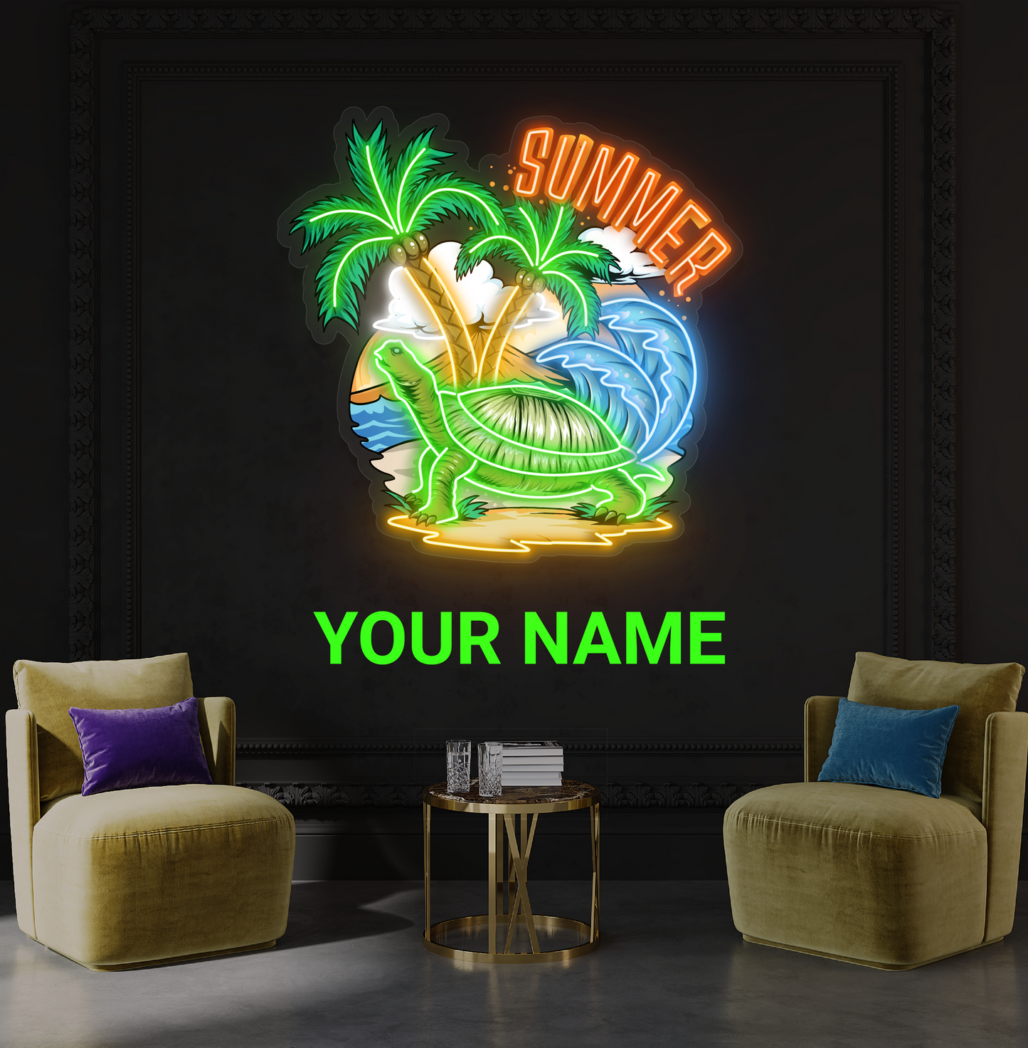 Enseigne néon LED œuvre d'art tortue tropicale d'été