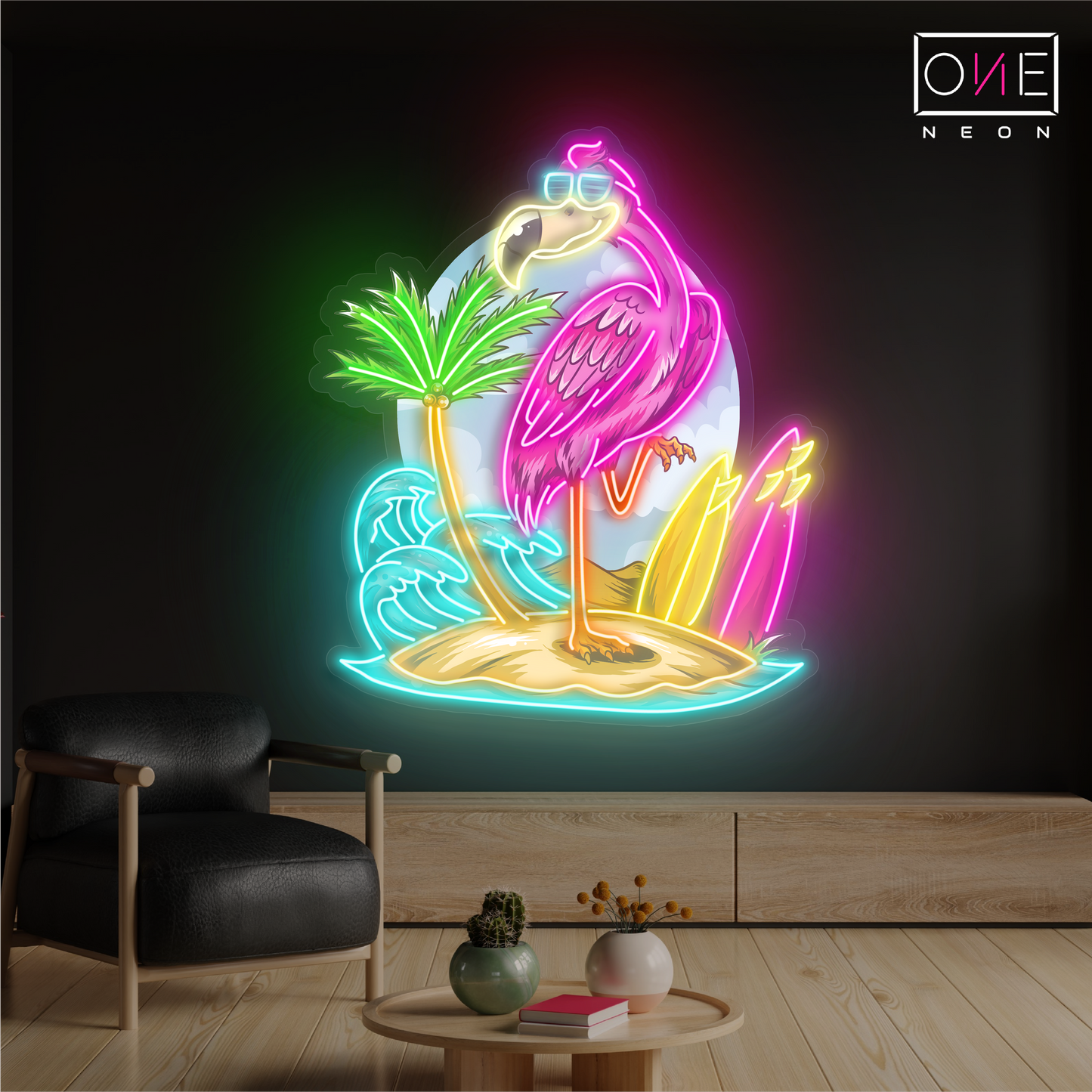 Enseigne néon LED œuvre d'art île aux flamants roses