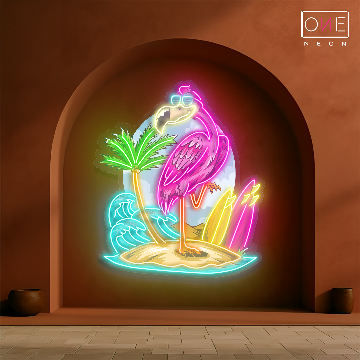 Enseigne néon LED œuvre d'art île aux flamants roses