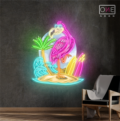 Enseigne néon LED œuvre d'art île aux flamants roses