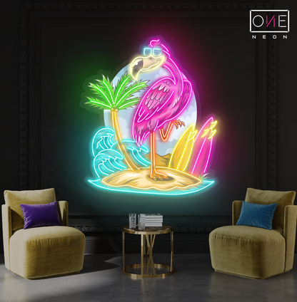 Enseigne néon LED œuvre d'art île aux flamants roses