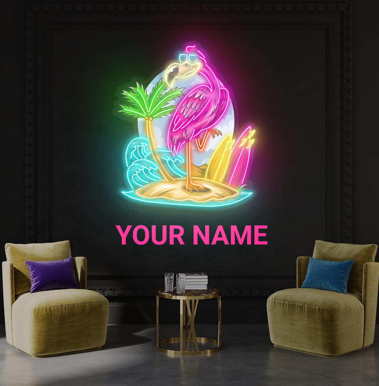 Enseigne néon LED œuvre d'art île aux flamants roses
