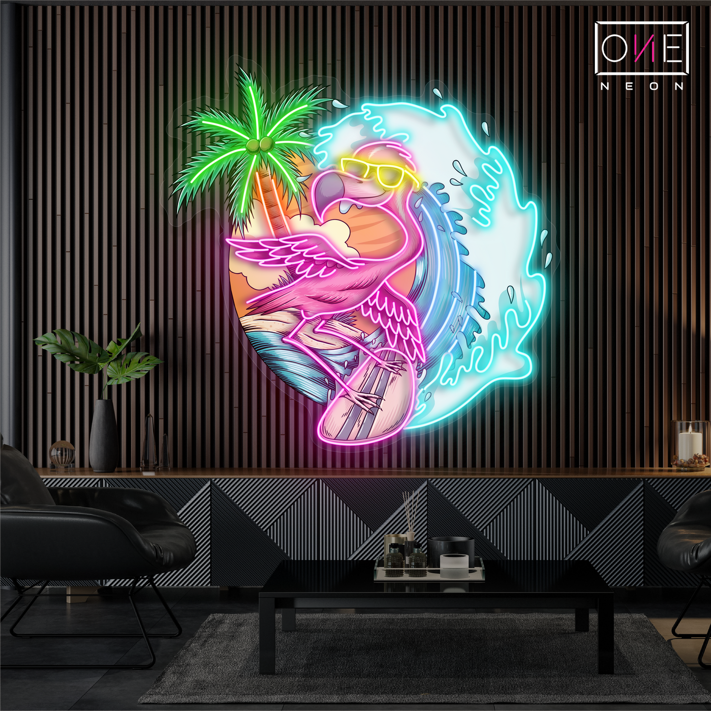Enseigne néon LED flamant rose surfeur