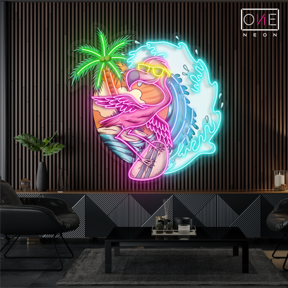 Enseigne néon LED flamant rose surfeur