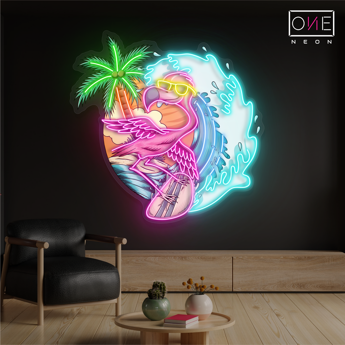 Enseigne néon LED flamant rose surfeur