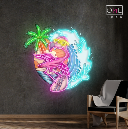 Enseigne néon LED flamant rose surfeur