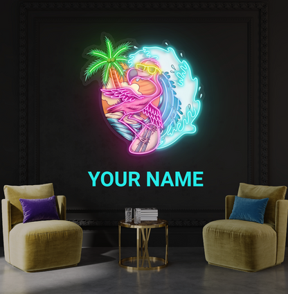 Enseigne néon LED flamant rose surfeur