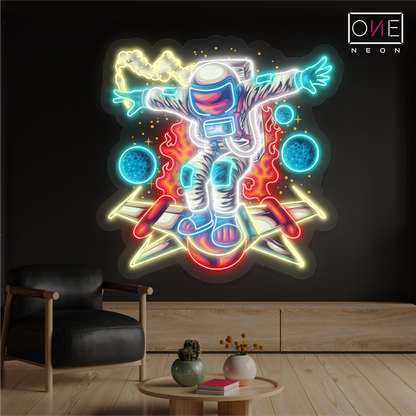 Enseigne LED Néon Décorative avec une Œuvre d'Art d'Astronaute sur un Rocket Board