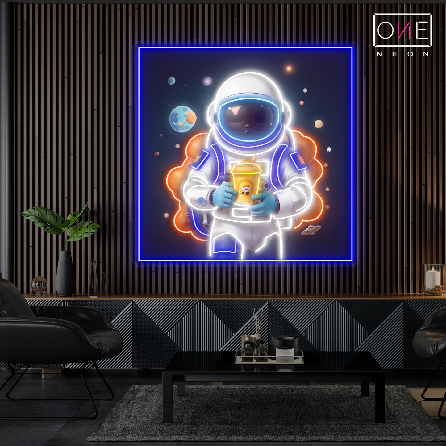 Enseigne néon LED illustrée de thé aux perles d'astronaute