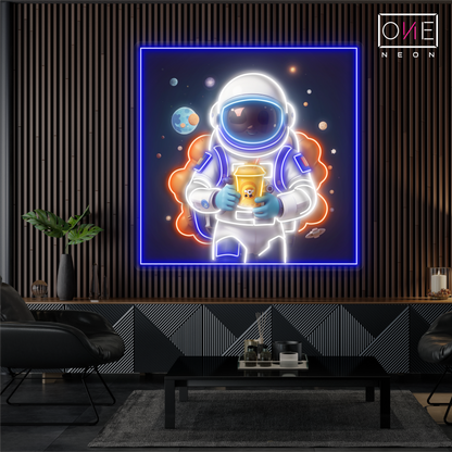 Enseigne néon LED illustrée de thé aux perles d'astronaute