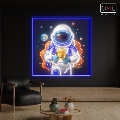 Enseigne néon LED illustrée de thé aux perles d'astronaute