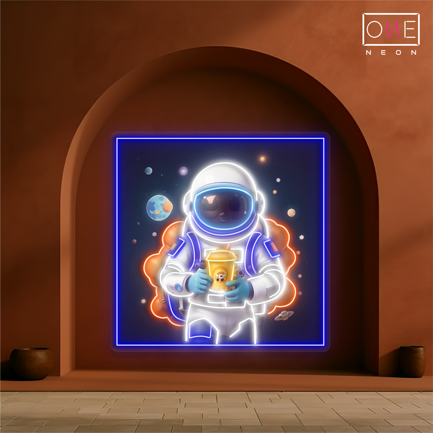 Enseigne néon LED illustrée de thé aux perles d'astronaute