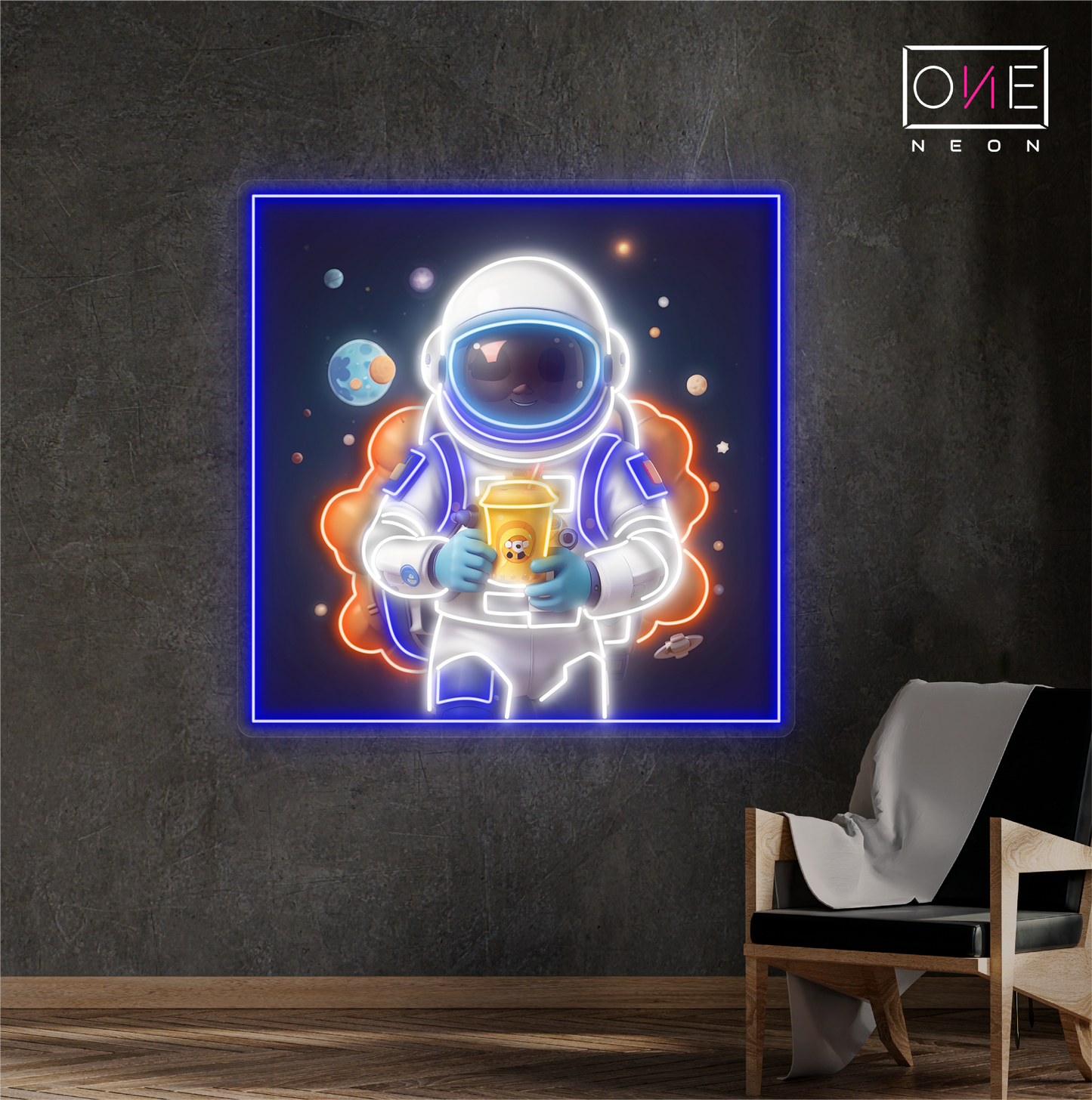 Enseigne néon LED illustrée de thé aux perles d'astronaute